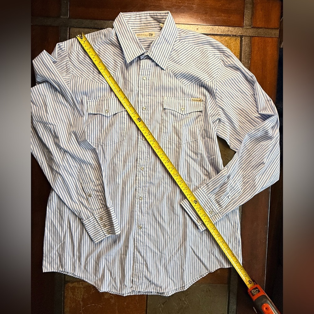 Genuine xl roebucks striped blue white pearl snap western button down polo rodeo